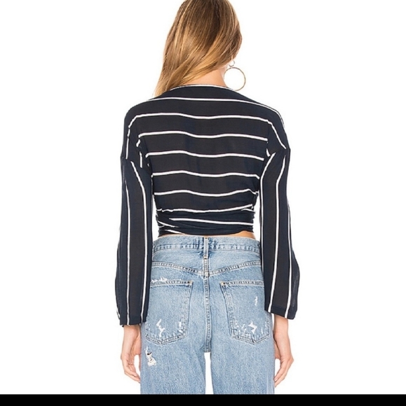 Faithfull the Brand navy blue white pinstripe wrap tie waist crop top Medium - Picture 3 of 5